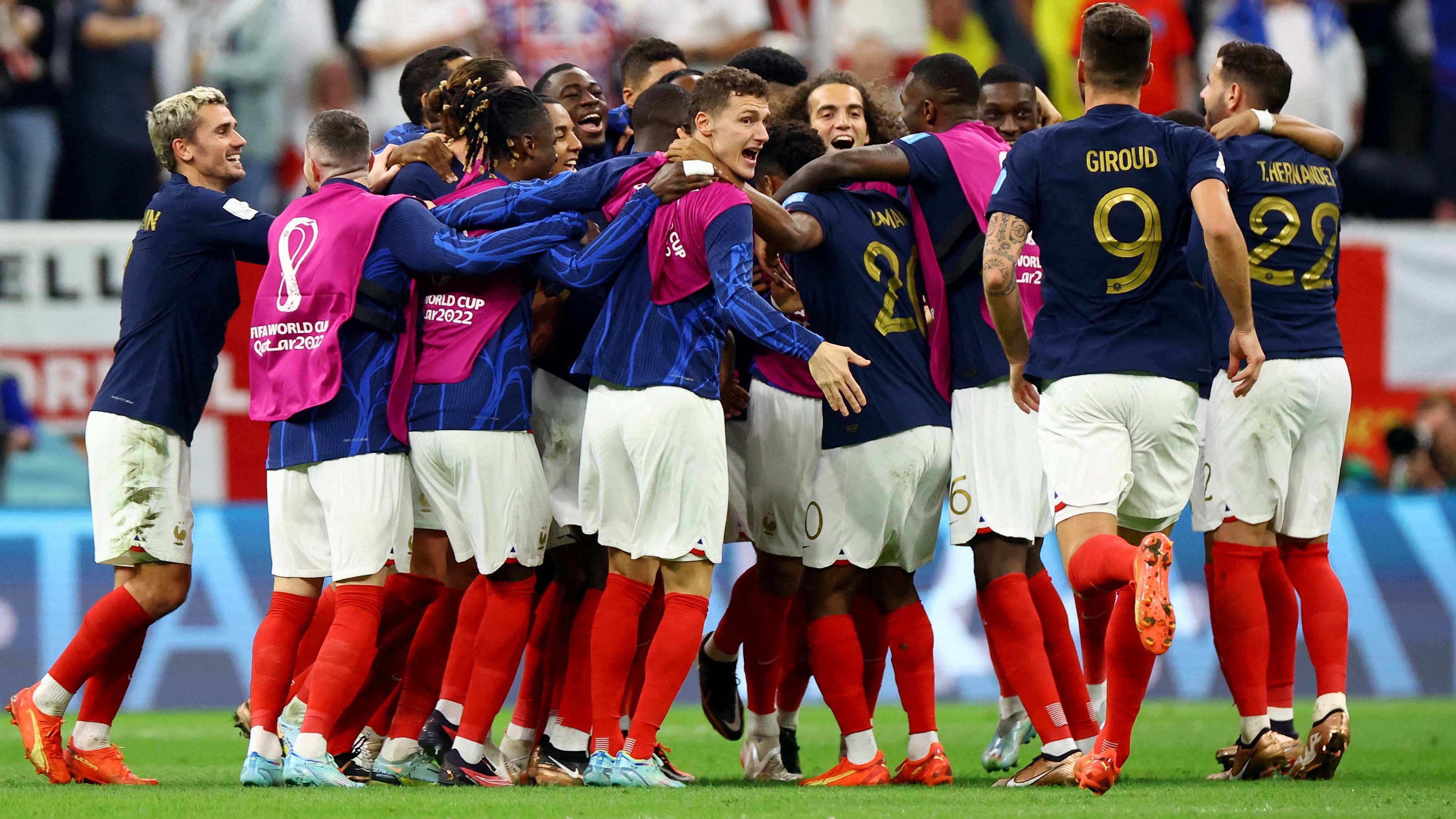 France players celebrate after the match as France progress to the semi finals. Credit: Reuters Photo
