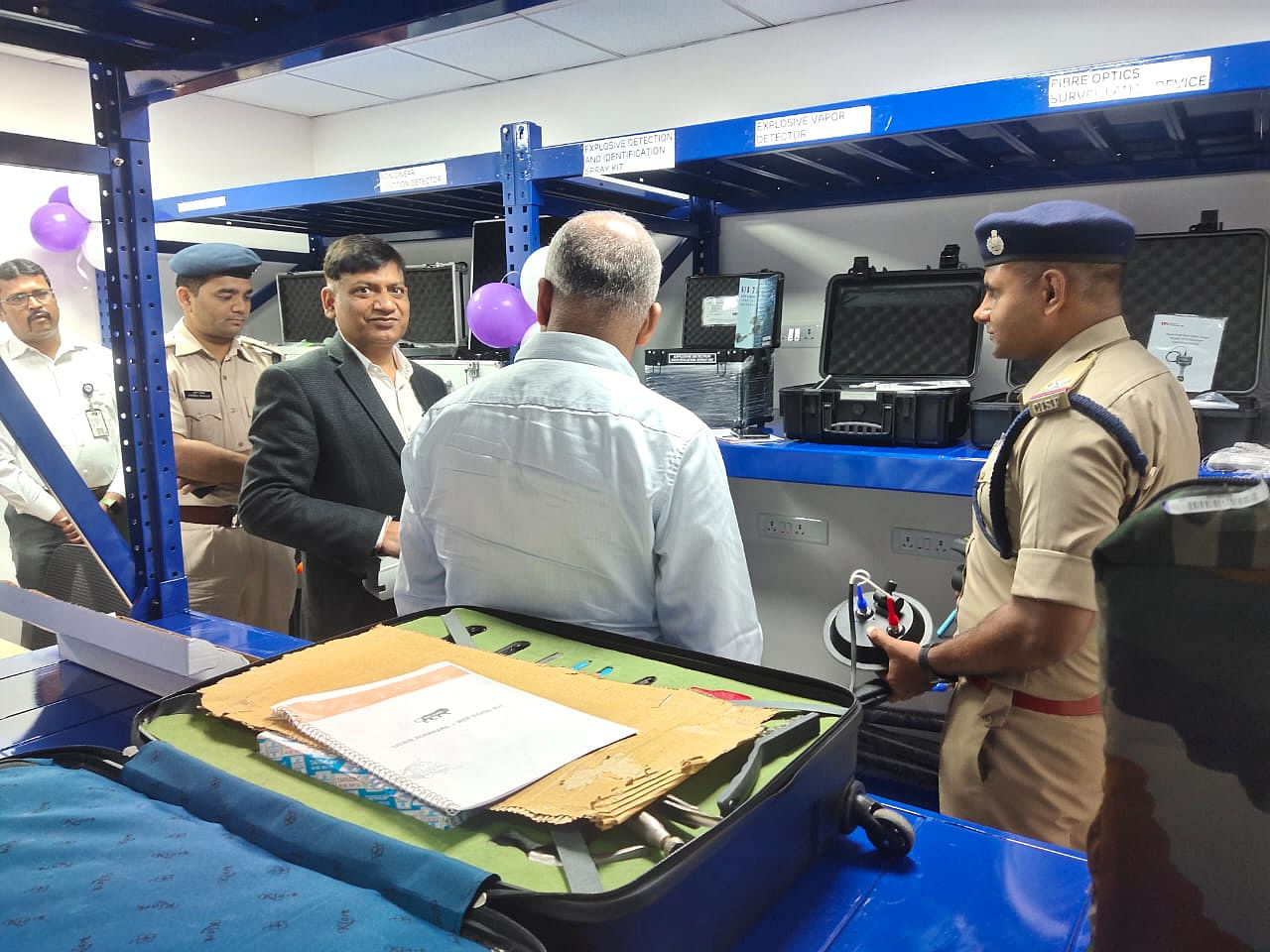 Rajiv Kumar Rai, Regional Director, BCAS inspects the bomb disposal and detection equipment procured by Mangaluru International Airport for use by ASG personnel of CISF. Credit: Special Arrangement