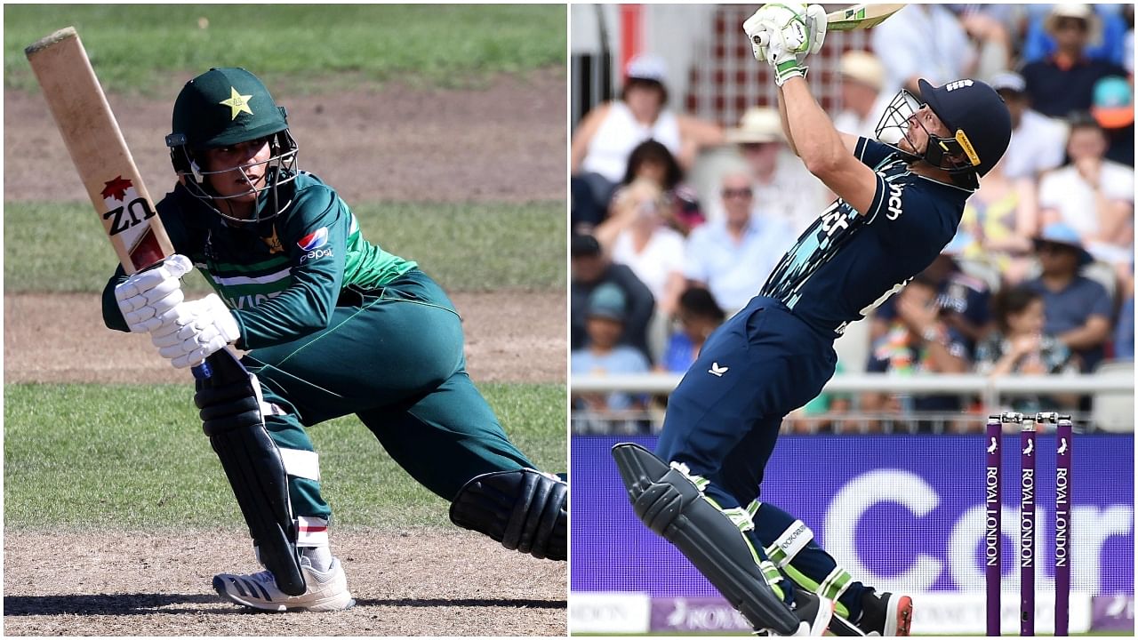 Pakistan's Sidra Ameen and England's T20 World Cup-winning captain Jos Buttler. Credit: AP/AFP Photo