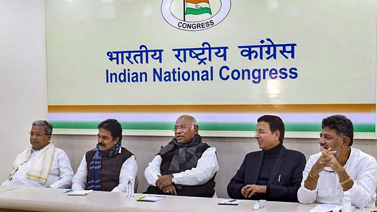 Congress President Mallikarjun Kharge holds a meeting with the party leaders from Karnataka ahead of the upcoming assembly elections in the state, in New Delhi. Credit: PTI Photo
