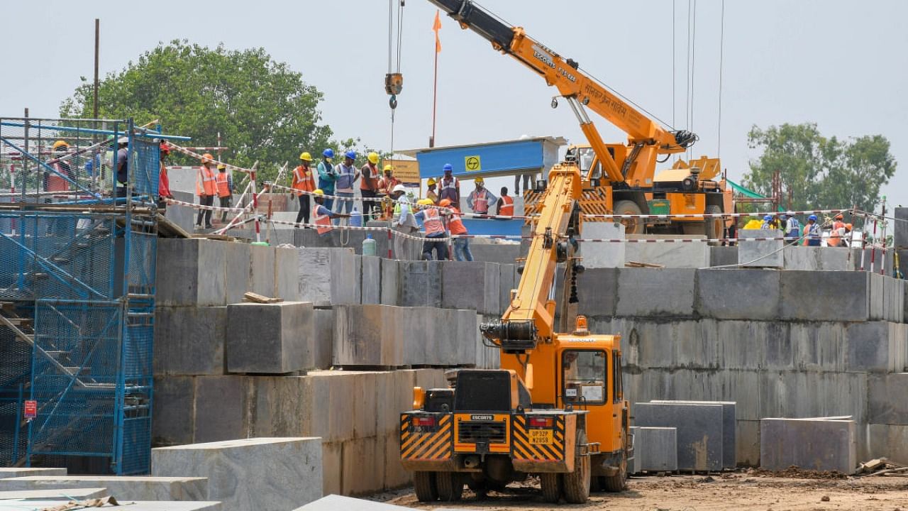 Construction work underway at the site of Ram Janmabhoomi Temple, in Ayodhya. Credit: PTI Photo