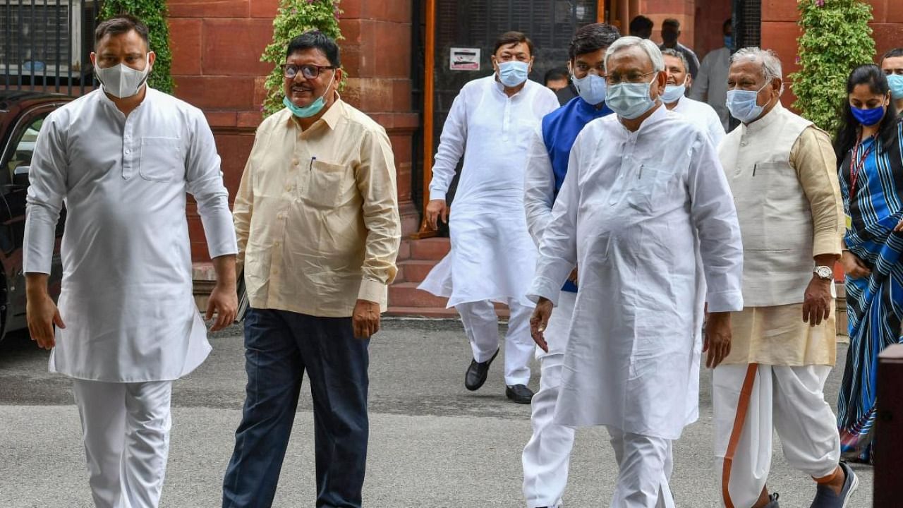File photo of Bihar CM Nitish Kumar, RJD leader Tejashwi Yadav and others after a meeting with PM Modi over caste-census. Credit: PTI Photo