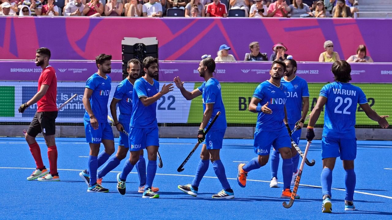 Indian players celebrate a goal against Canada during the Men's Pool B hockey match at the Commonwealth Games in Birmingham, England, Wednesday, Aug. 3, 2022. Credit: AP/PTI Photo
