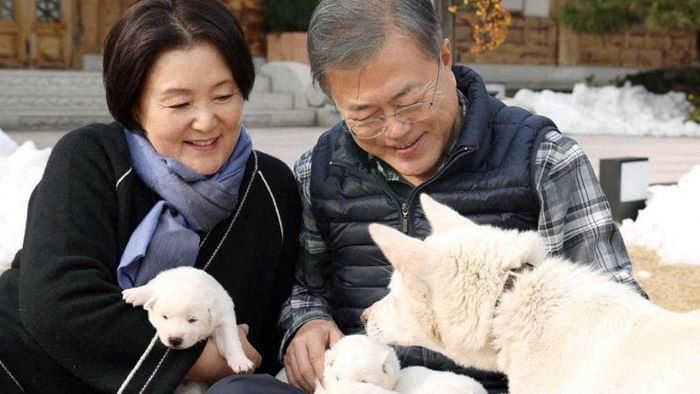 South Korean President Moon Jae-in and first lady Kim Jung-sook hold puppies born from a hunting dog gifted from North Korea, in Seoul. Credit: Reuters File Photo