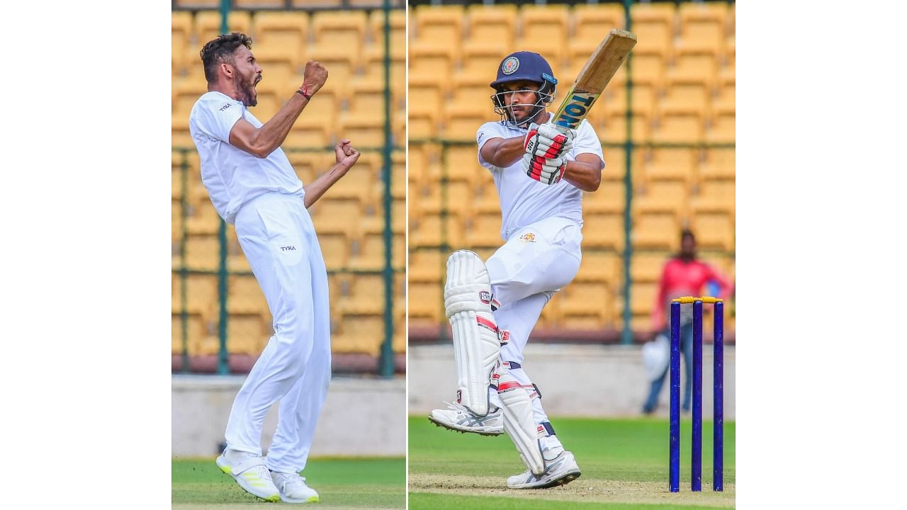 Vidwath Kaverappa (left) scalped three wickets while BR Sharath came up with 72 to help Karnataka keep their noses in front against Services on the second day of their Ranji Trophy match in Bengaluru on Wednesday. Credit: DH Photo/S K Dinesh