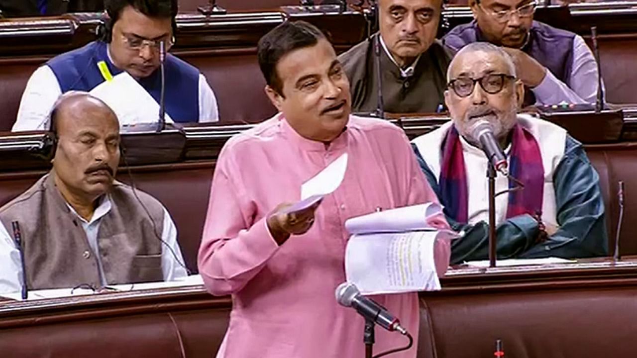  Union Minister for Transport and Highways Nitin Gadkari speaks in the Rajya Sabha on Wednesday. Credit: PTI Photo