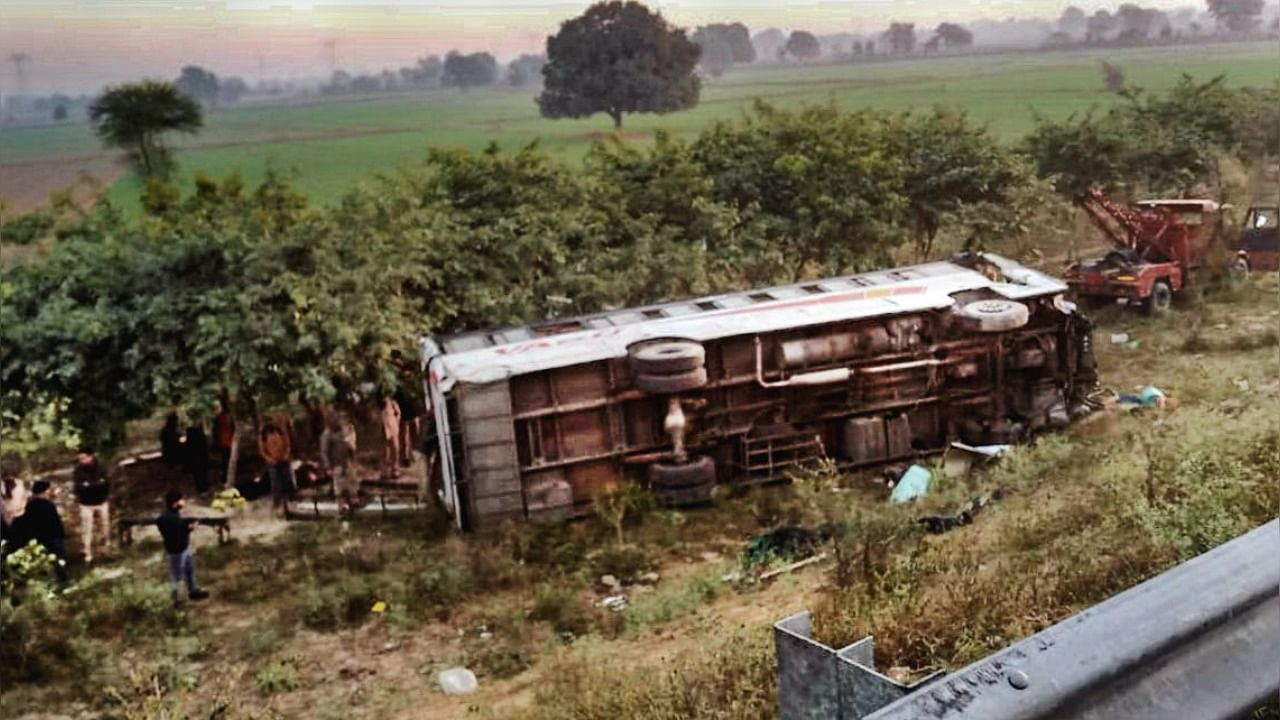 Wreckage of a bus after it fell into a roadside ditch on the Lucknow-Agra expressway, in Firozabad district. credit: PTI Photo