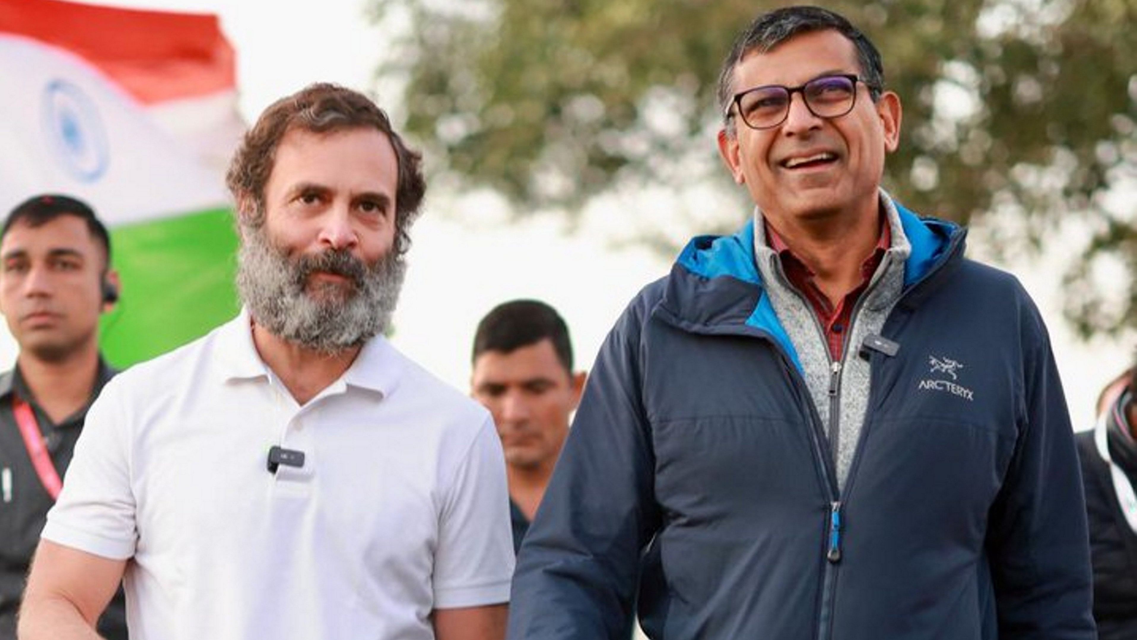 Rahul Gandhi with former RBI governor Raghuram Rajan during the party's Bharat Jodo Yatra. Credit: PTI Photo