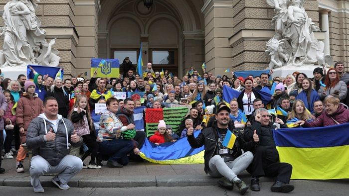 This file photo shows Ukrainians celebrate the recapturing of Kherson city. Credit: AP/PTI Photo
