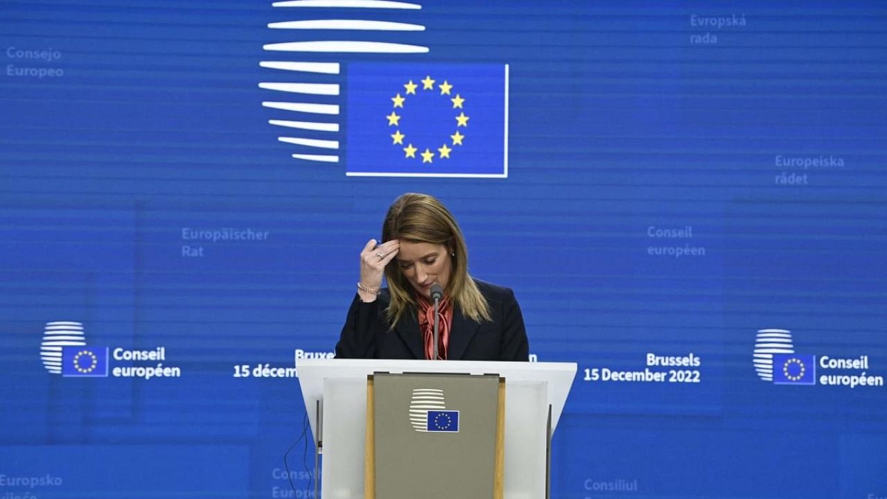 European Parliament President Roberta Metsola attends a press conference during European Council Summit in Brussels. Credit: AFP Photo