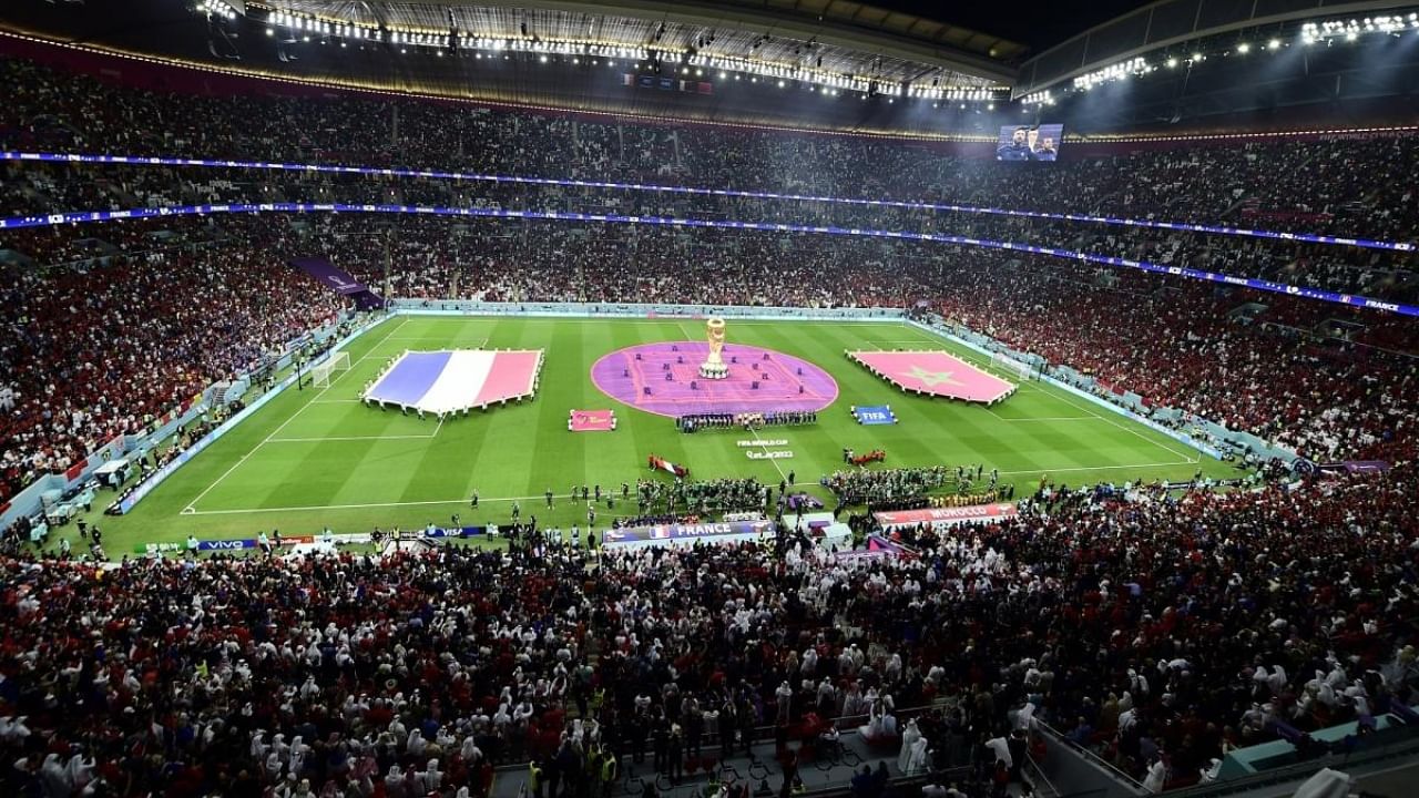 A view of Al Bayt Stadium before the start of the FIFA World Cup Qatar 2022 Semi-finals match between France and Morocco in Al Khor, Qatar on December 14, 2022. Credit: IANS Photo