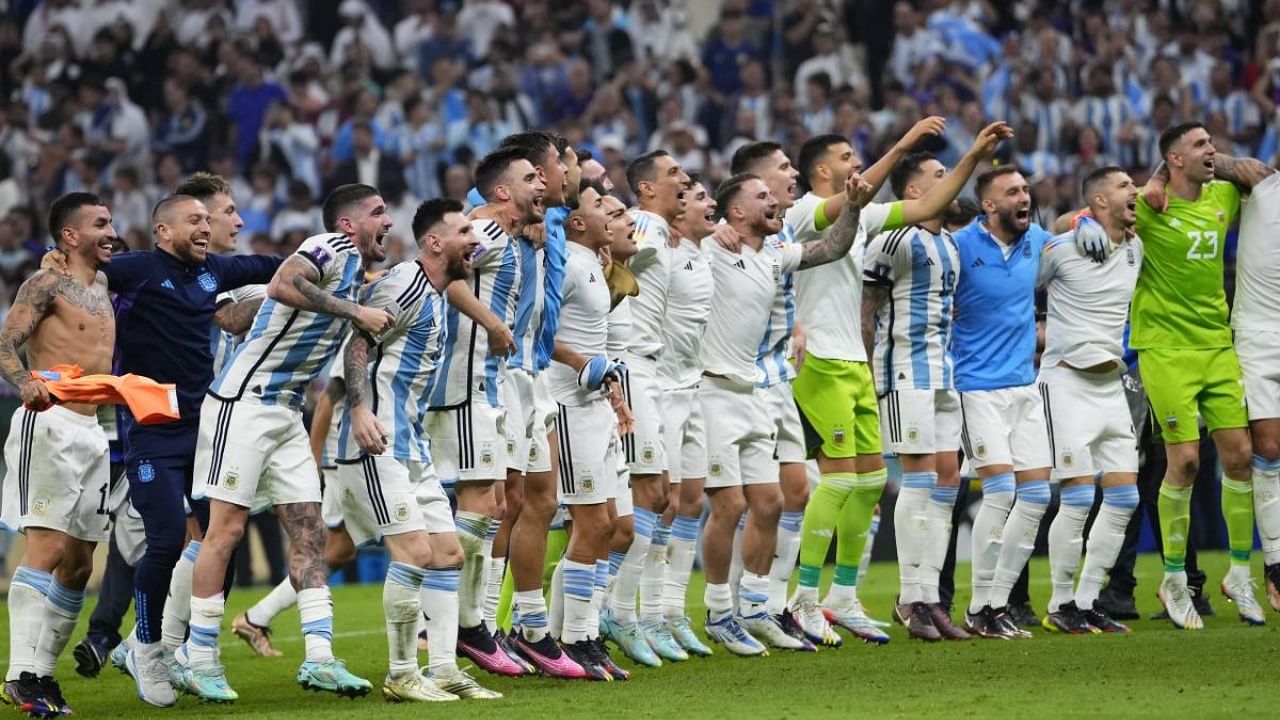 Argentina's players celebrate after the World Cup semifinal soccer match between Argentina and Croatia. Credit: AP/PTI