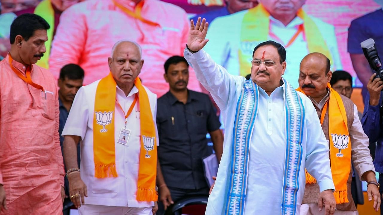 BJP National President J P Nadda, senior leader B S Yediyurappa, Karnataka Chief Minister Basavaraj Bommai and State BJP President Nalin Kumar Kateel. Credit: PTI Photo