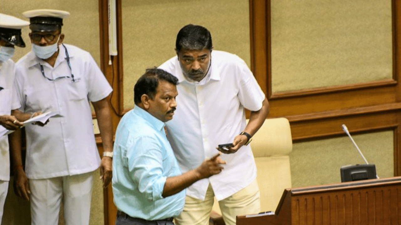 Congress MLAs Michael Lobo (centre) and Sankalp Amonkar at the Goa Assembly on Monday, July 11, 2022. Credit: PTI File Photo