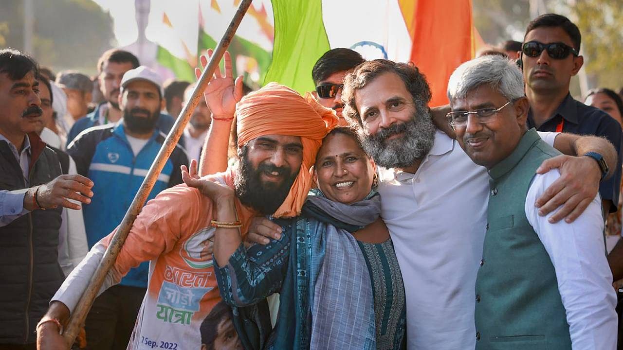 Congress leader Rahul Gandhi with supporters during the party's Bharat Jodo Yatra. Credit: PTI File Photo 