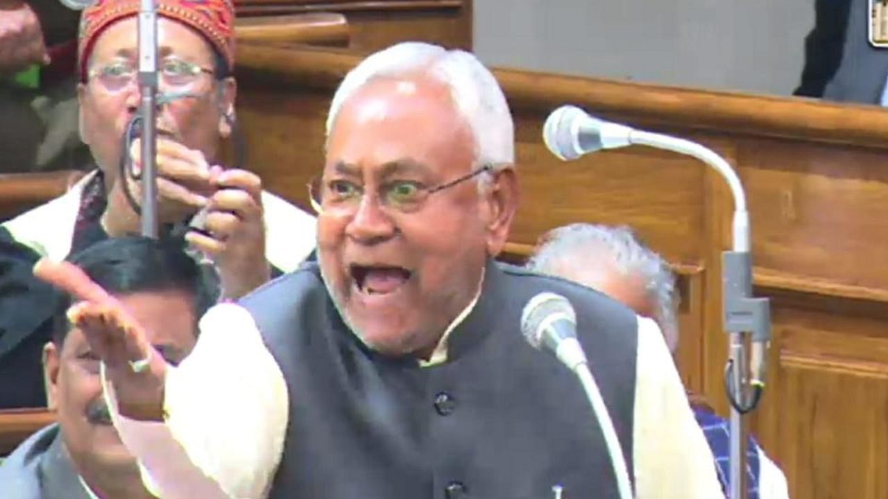 Bihar Chief Minister Nitish Kumar reacts as he responds to the opposition on the Chhapra hooch tragedy in the State Assembly, in Patna, Wednesday, Dec. 14, 2022. Credit: PTI Photo