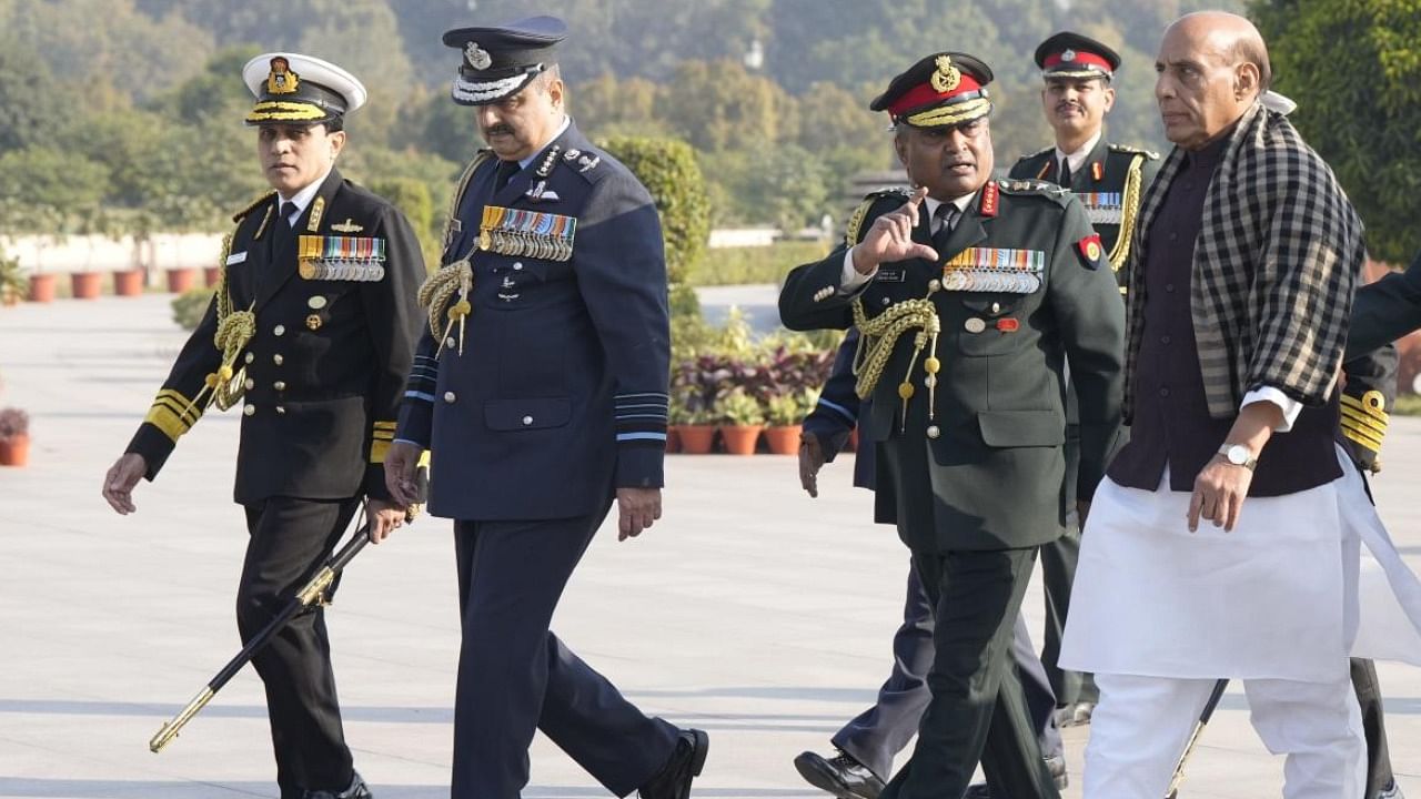 Defence Minister Rajnath Singh with Army Chief General Manoj Pande, Chief of Air Staff Air Chief Marshal VR Chaudhari and Vice Chief of Indian Navy Vice Admiral SN Ghormade. Credit: PTI Photo