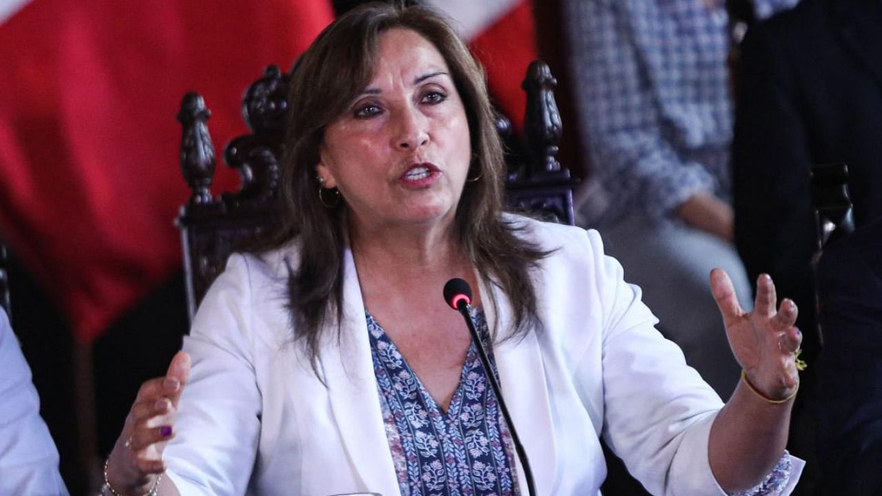 Peruvian President Dina Boluarte speaks during a conference at the Government Palace in Lima. Credit: AFP