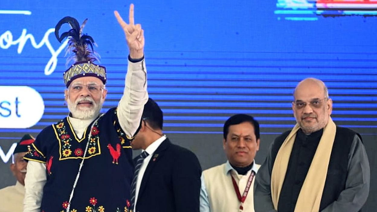 Narendra Modi and Amit Shah during the golden jubilee celebration of the North Eastern Council. Credit: IANS Photo