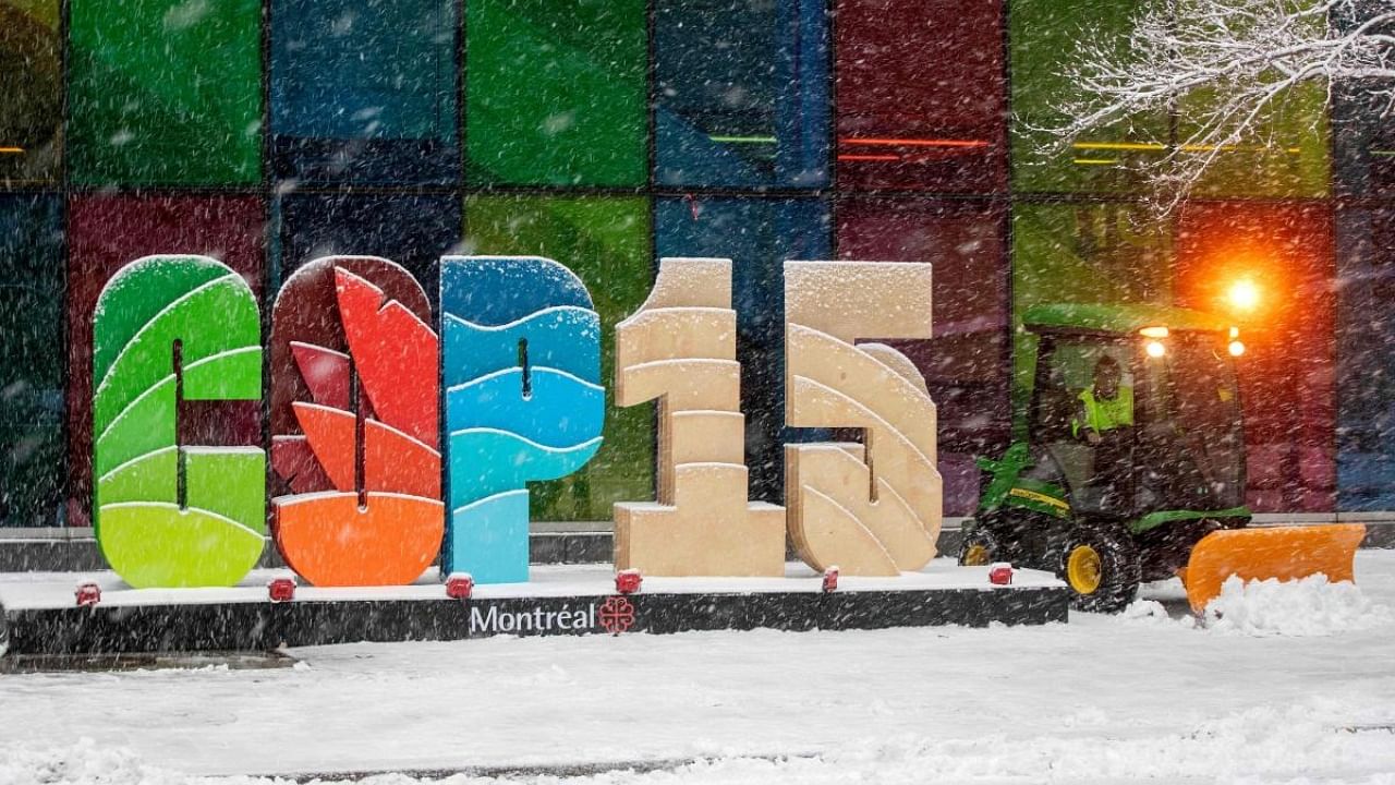 The COP15 logo at the biodiversity conference (COP15) in Montreal, Canada. Credit: AFP Photo