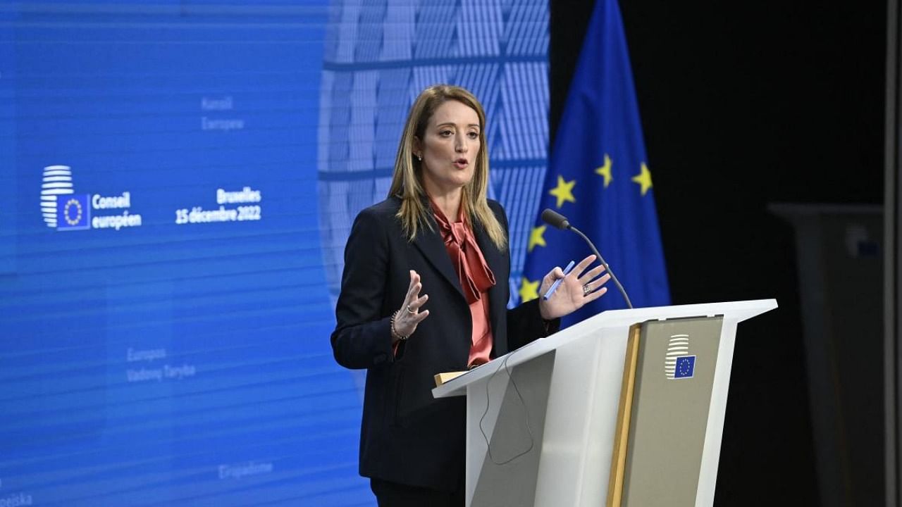 European Parliament President Roberta Metsola attends a press conference during European Council Summit in Brussels. Credit: AFP Photo