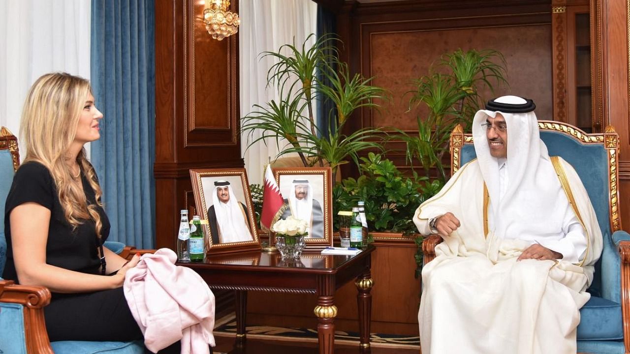 File photo of Gulf emirate's Labour Minister Ali bin Samikh al-Marri and European Parliament vice president Eva Kaili in Doha. Credit: AFP 