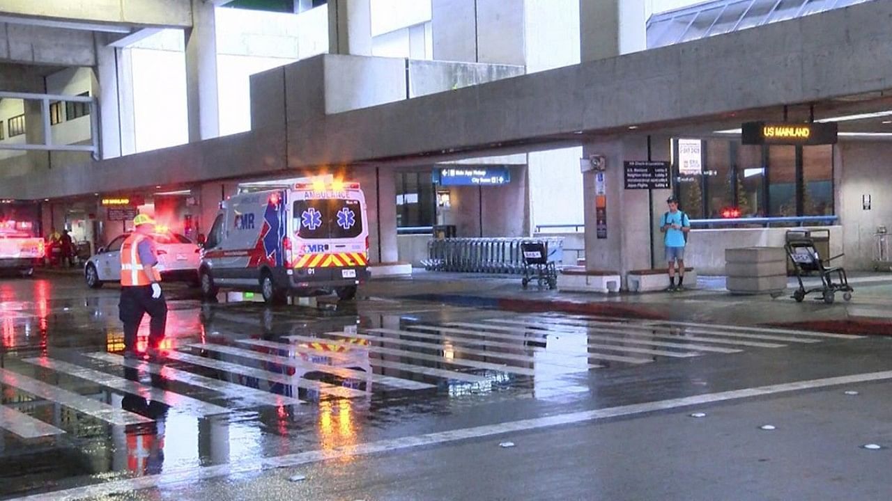 This image taken from video provided by Hawaii News Now shows the scene outside the international airport in Honolulu after nearly a dozen people were seriously injured when a flight to Hawaii hit severe turbulence on Sunday. Credit: AP Photo