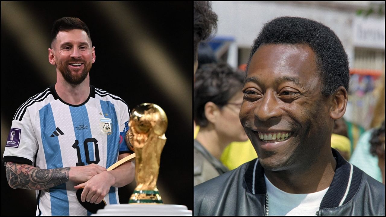 Lionel Messi with the World Cup trophy (L) and Brazilian great Pele (pictured in 1987) (R). Credit: AFP Photos