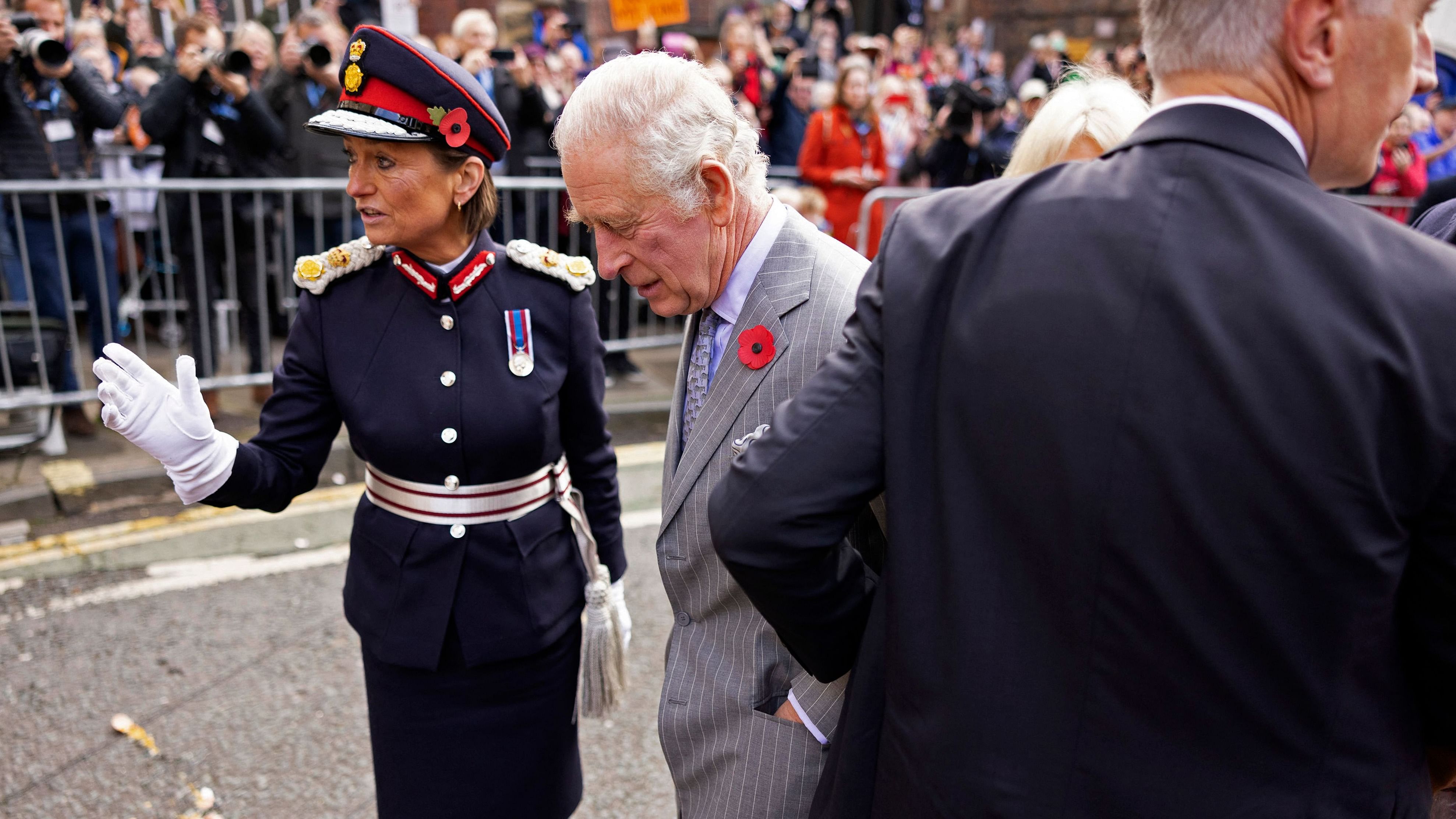  In this file photo taken on November 9, 2022 Britain's King Charles III reacts after an egg was thrown in his direction during a ceremony at Micklegate Bar in York. Credit: AFP Photo