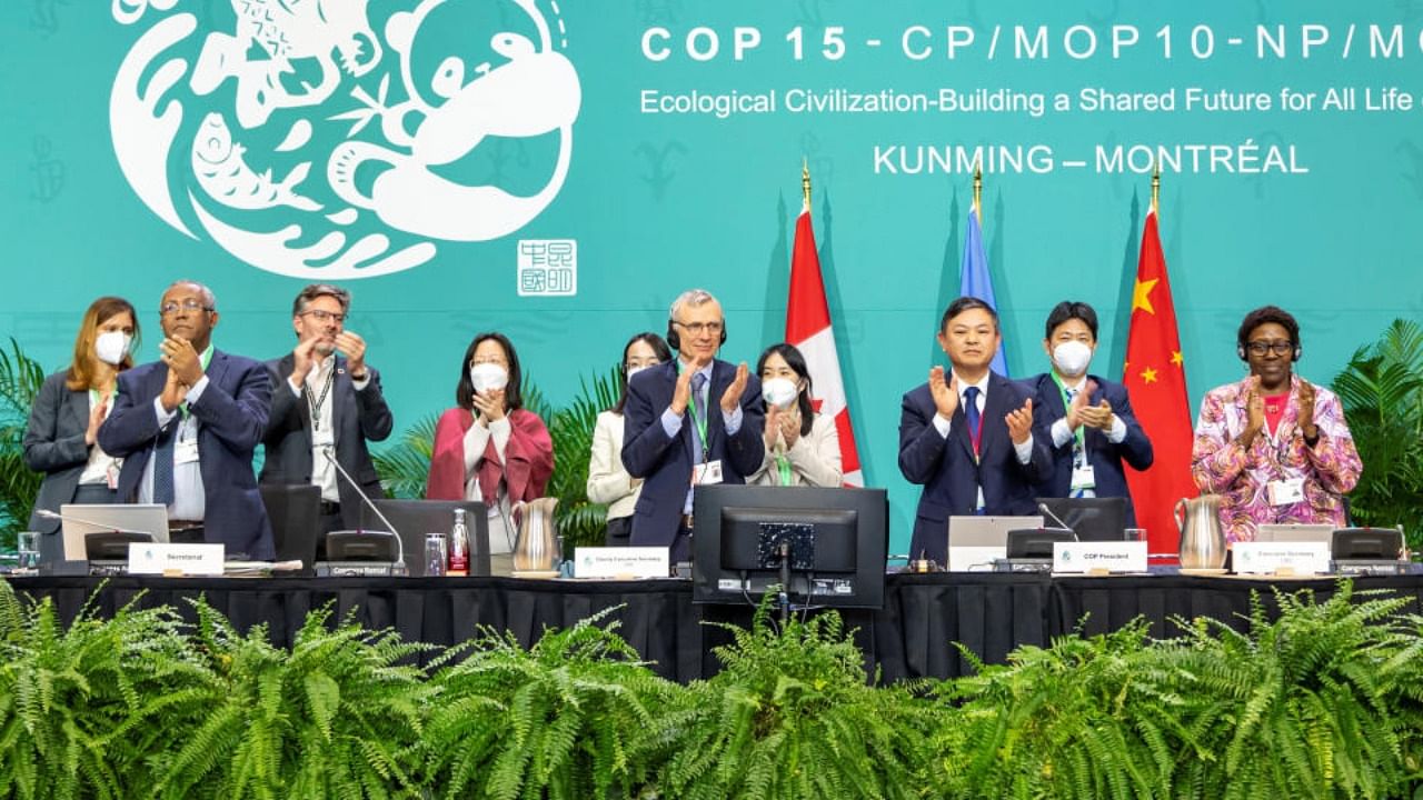 The leadership of the U.N.-backed COP15 biodiversity conference applaud after passing the The Kunming-Montreal Global Biodiversity Framework in Montreal, Quebec, Canada December 19, 2022. Credit: Julian Haber/UN Biodiversity/Handout via Reuters