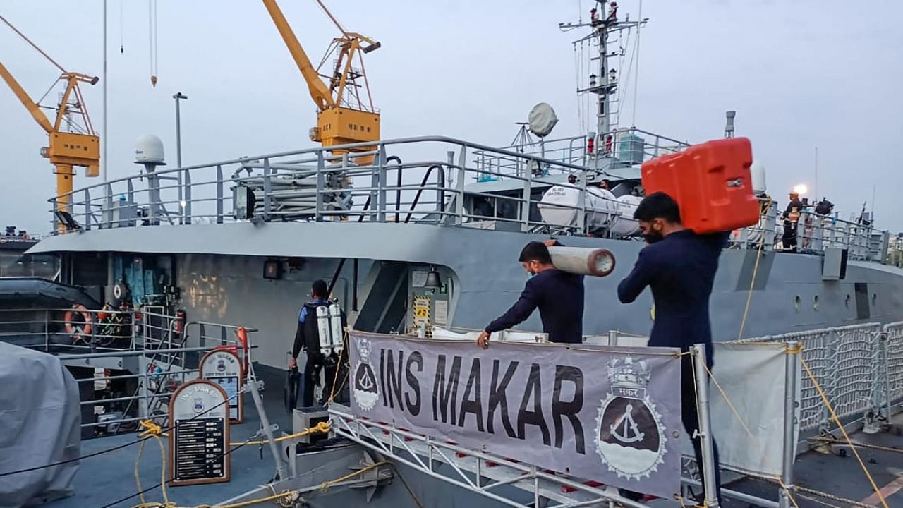 File photo of search operations for the missing crew of Barge P305 & Tug Varapradha in Mumbai. Credit: PTI Photo