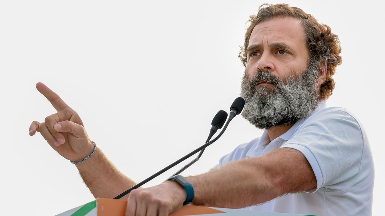 Congress leader Rahul Gandhi addresses a public meeting during the Bharat Jodo Yatra, in Alwar, Monday, Dec. 19, 2022. Credit: PTI Photo