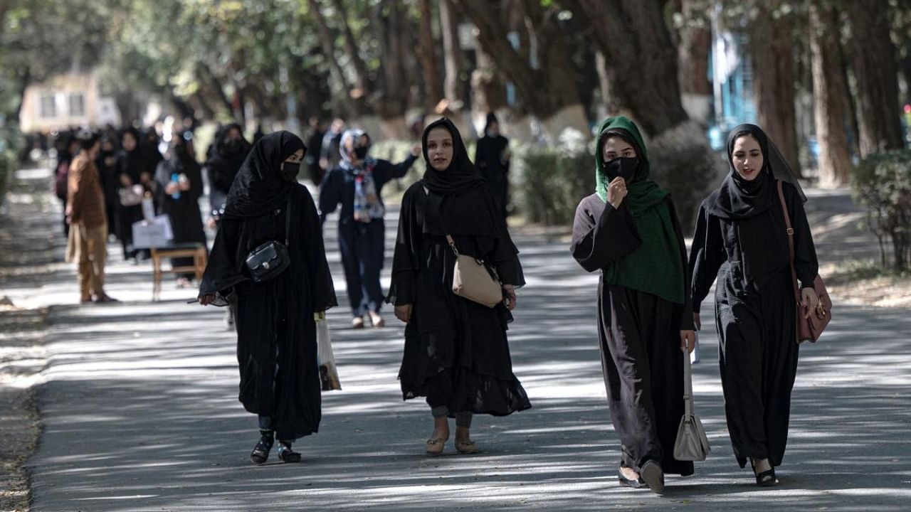  In this file photo taken on October 13, 2022, Afghan female students arrive for entrance exams at Kabul University in Kabul. Credit: AFP Photo
