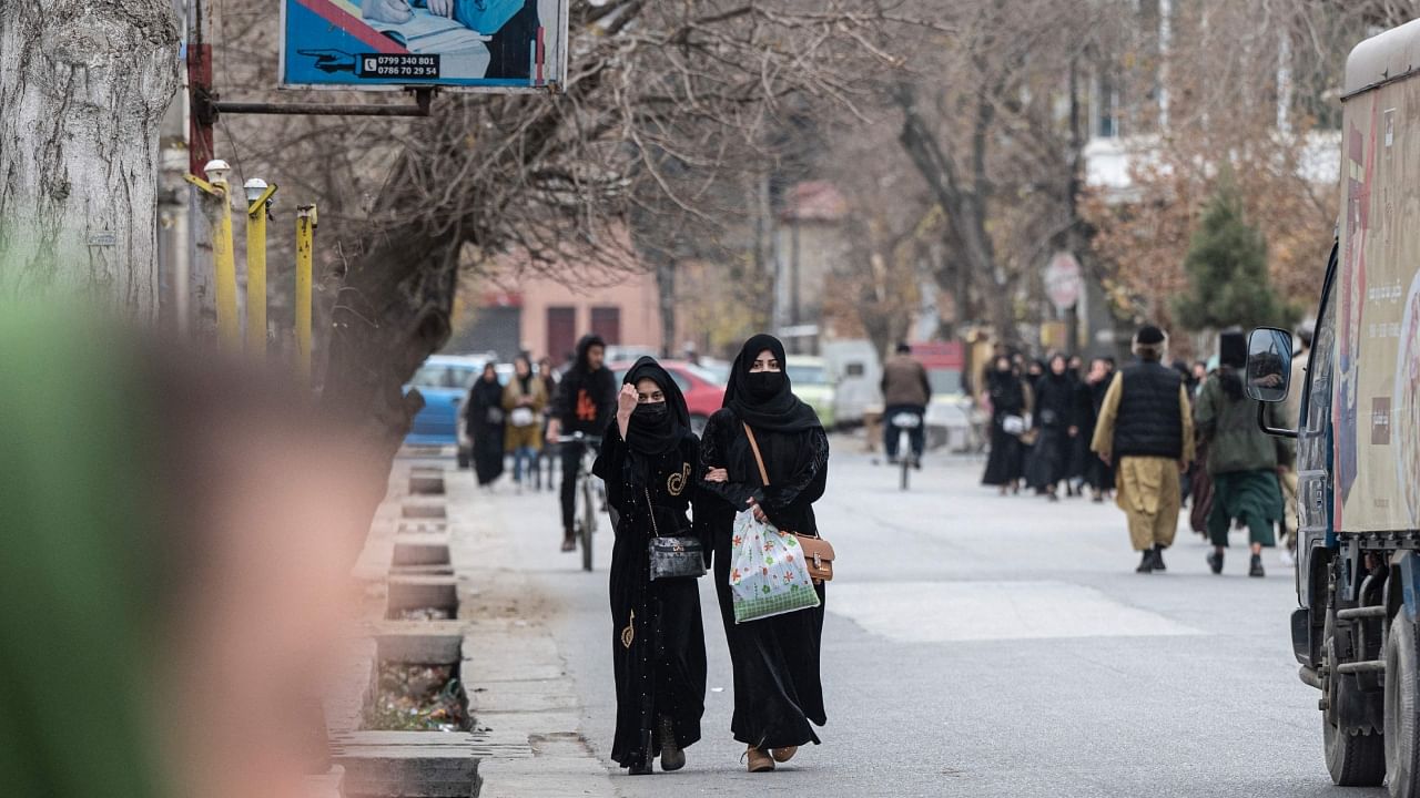 Afghan high schoolgirls return from school after taking part in their high school graduation exam in Kabul on December 7, 2022. Credit: AFP Photo