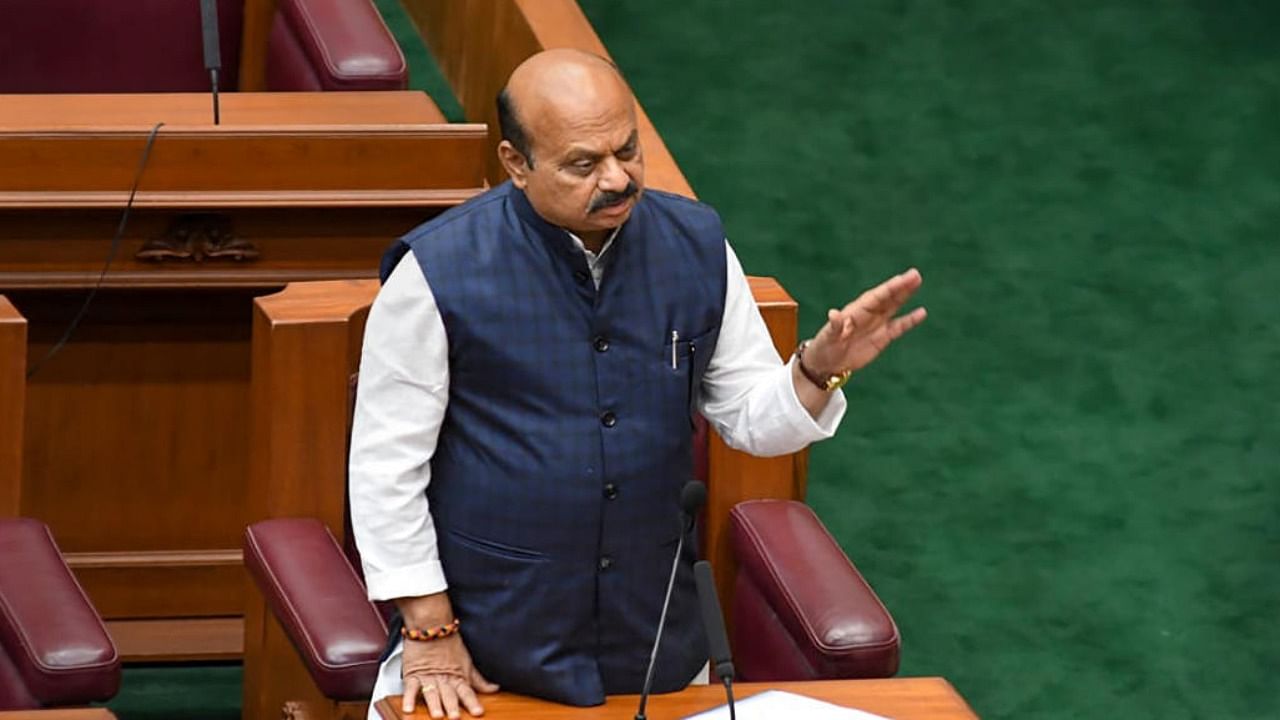 Karnataka CM Basavaraj Bommai speaks during the first day of Winter Session of Karnataka Assembly in Belagavi. Credit: PTI Photo