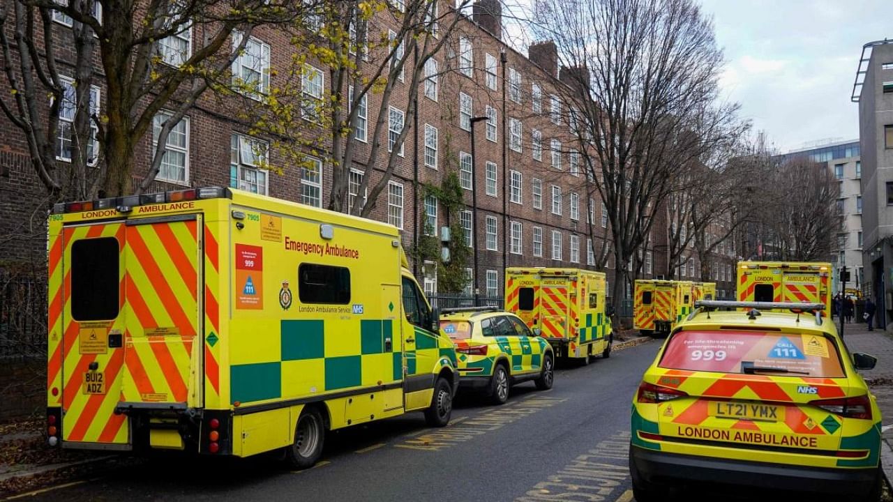 Ambulances are parked outside the Waterloo ambulance station in London. Credit: AFP