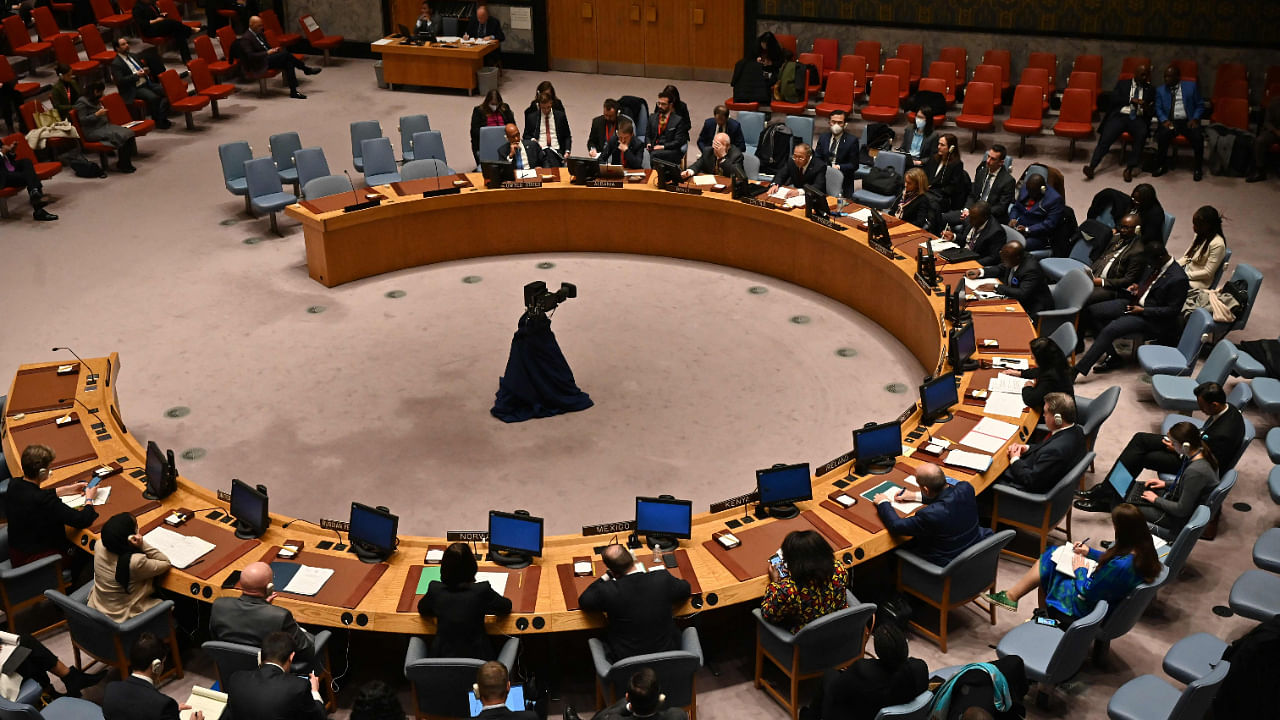 A general view shows a United Nations Security Council meeting during a vote on a draft resolution calling for an immediate end to violence in Myanmar and release of political prisoners, at the UN headquarters in New York on December 22, 2022. Credit: AFP Photo