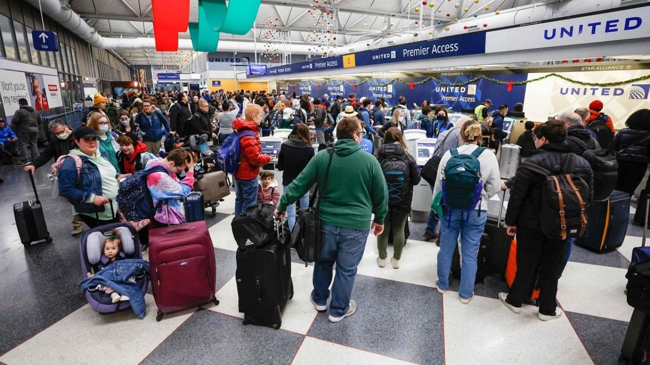 Travelers wait in line to check-in for their flights at the United Airlines Terminal 1 ahead of the Christmas Holiday at O'Hare International Airport. Credit: AFP Photo