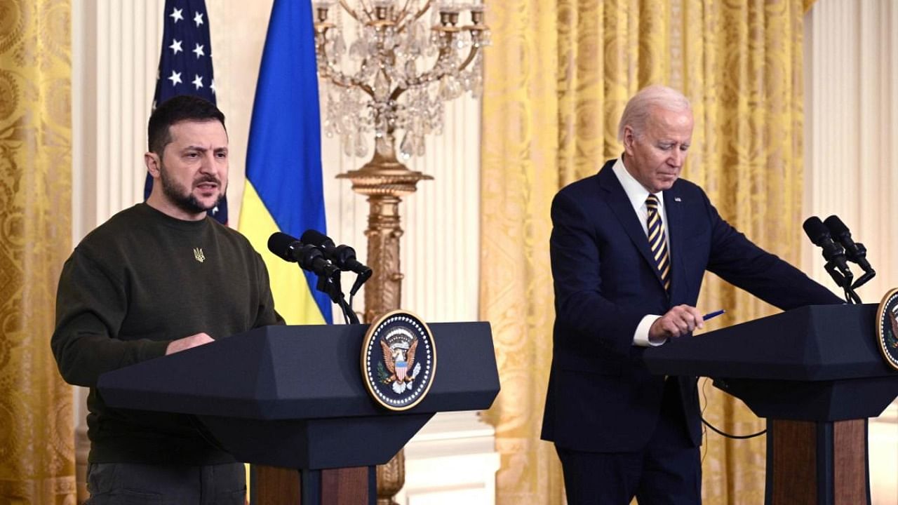 US President Joe Biden and Ukraine's President Volodymyr Zelenskyy hold a press conference in the East Room of the White House. Credit: AFP Photo