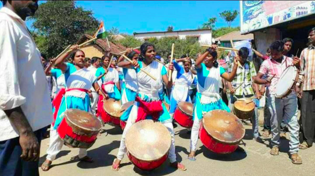 Members of the Mahila Munnade play the nagari during a performance. Credit: Special arrangement