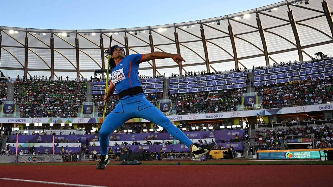 India's Neeraj Chopra competes in the men's javelin throw final during the World Athletics Championships at Hayward Field in Eugene, Oregon on July 23, 2022. Credit: AFP Photo