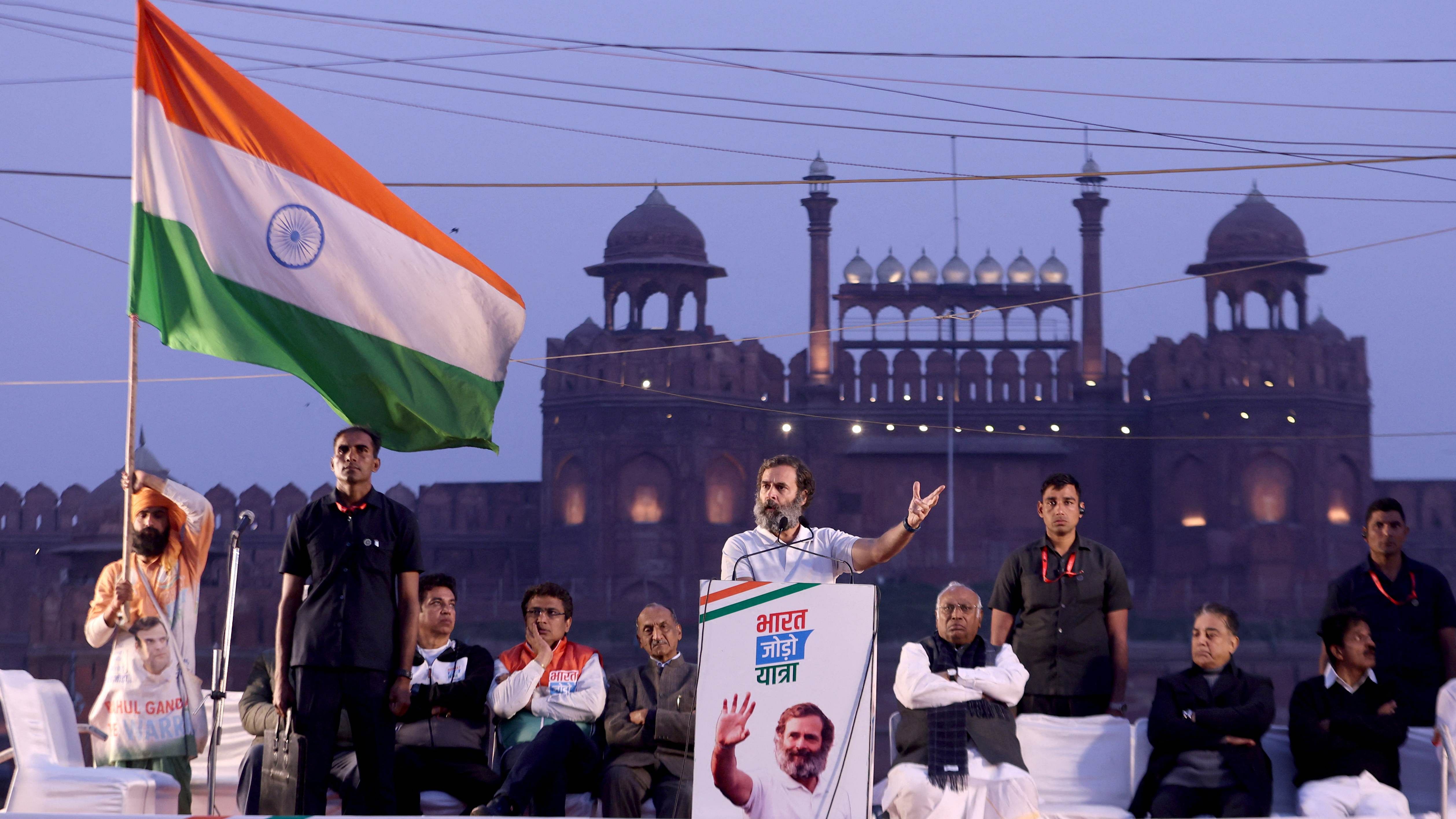 Rahul Gandhi addresses the crowd at the Red Fort. Credit: Reuters Photo