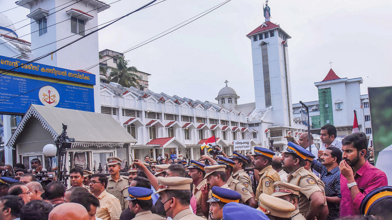 Police force deployed during a protest by devotees against implementation of the unified mass system in Angamaly Archdiocese. Credit: PTI FILE PHOTO