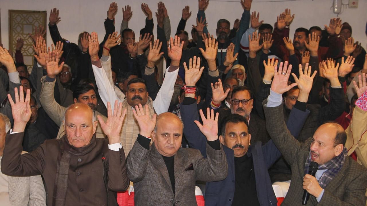 Tara Chand along with others addresses a press conference after being expelled from Democratic Azad Party, in Jammu. Credit: PTI Photo