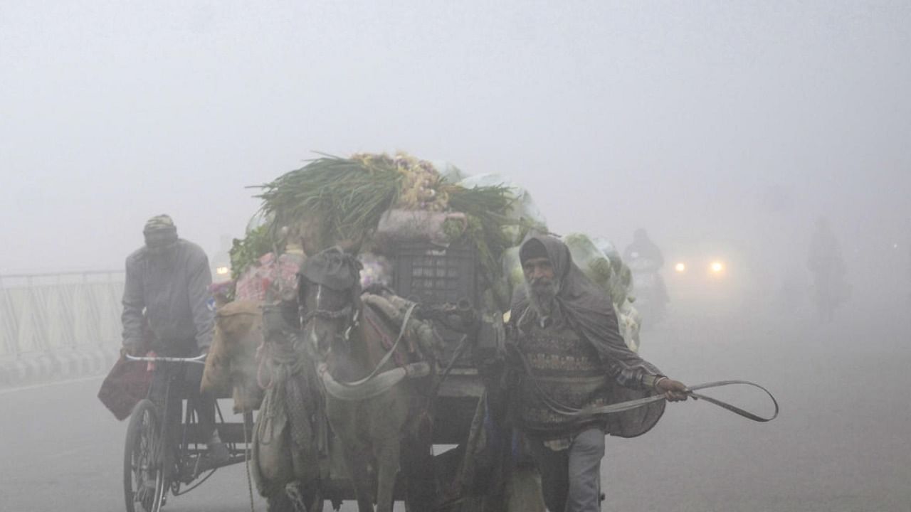 Commuters make their way on a cold and foggy day, in Amritsar. Credit: PTI