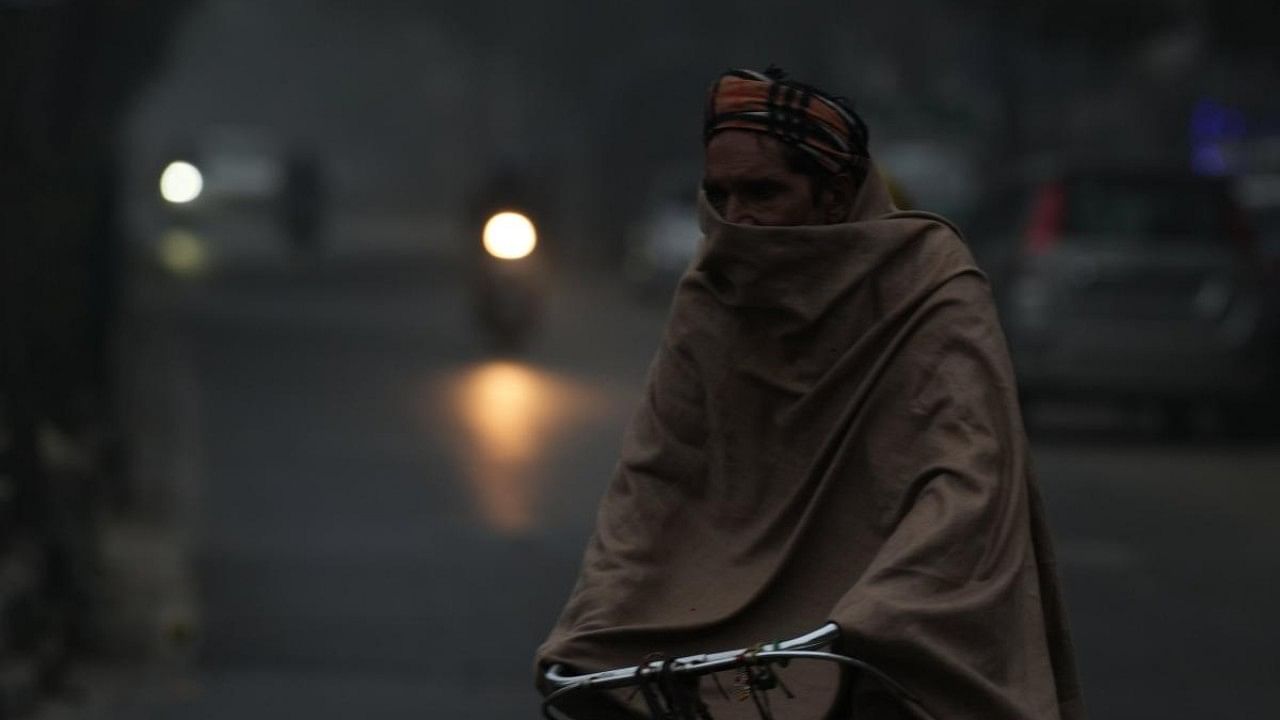 A man pedals his cycle during a cold and foggy morning, in New Delhi. Credit: PTI Photo