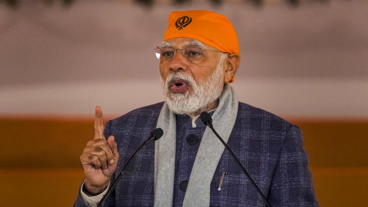 PM Narendra Modi speaks during 'Veer Baal Diwas' programme at Major Dhyan Chand National Stadium, in New Delhi. Credit: PTI Photo