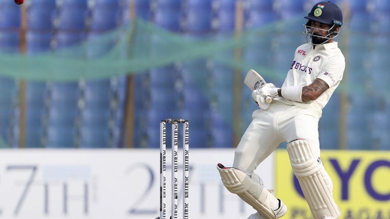 K L Rahul during the Test between India and Bangladesh. Credit: AP/PTI Photo