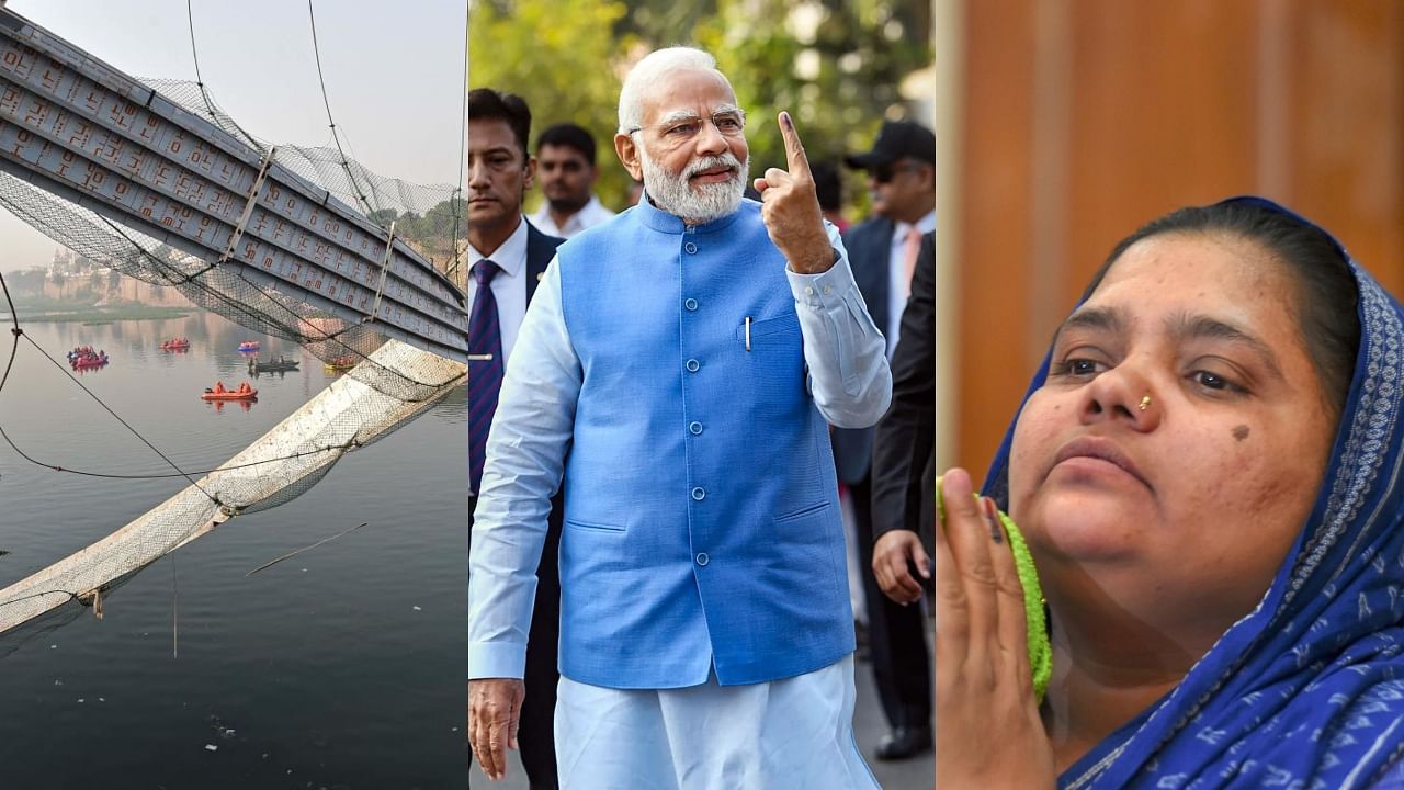 (From L-R) The bridge that collapsed in Morbi, Prime Minister Narendra Modi after casting vote in the Gujarat polls and Bilkis Bano, who was gang-raped during the 2002 riots. Credit: Agency Photos