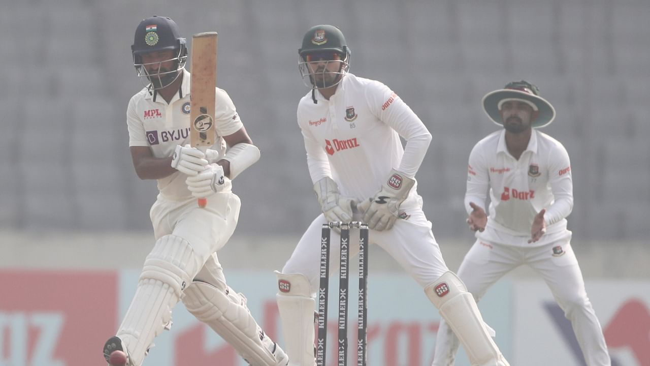 Cheteshwar Pujara plays a shot on the day two of the second test cricket match Bangladesh between India, in Dhaka, Bangladesh, Friday, Dec. 23, 2022. Credit: AP/PTI Photo